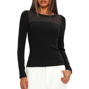 Darong Womens Long Sleeve Sexy Going Out Tshirt | Crew Neck, Slim Fit, Sexy Sheer, Mesh style, Going Out Top, Bodycon Shirt, Trendy Top (S)
