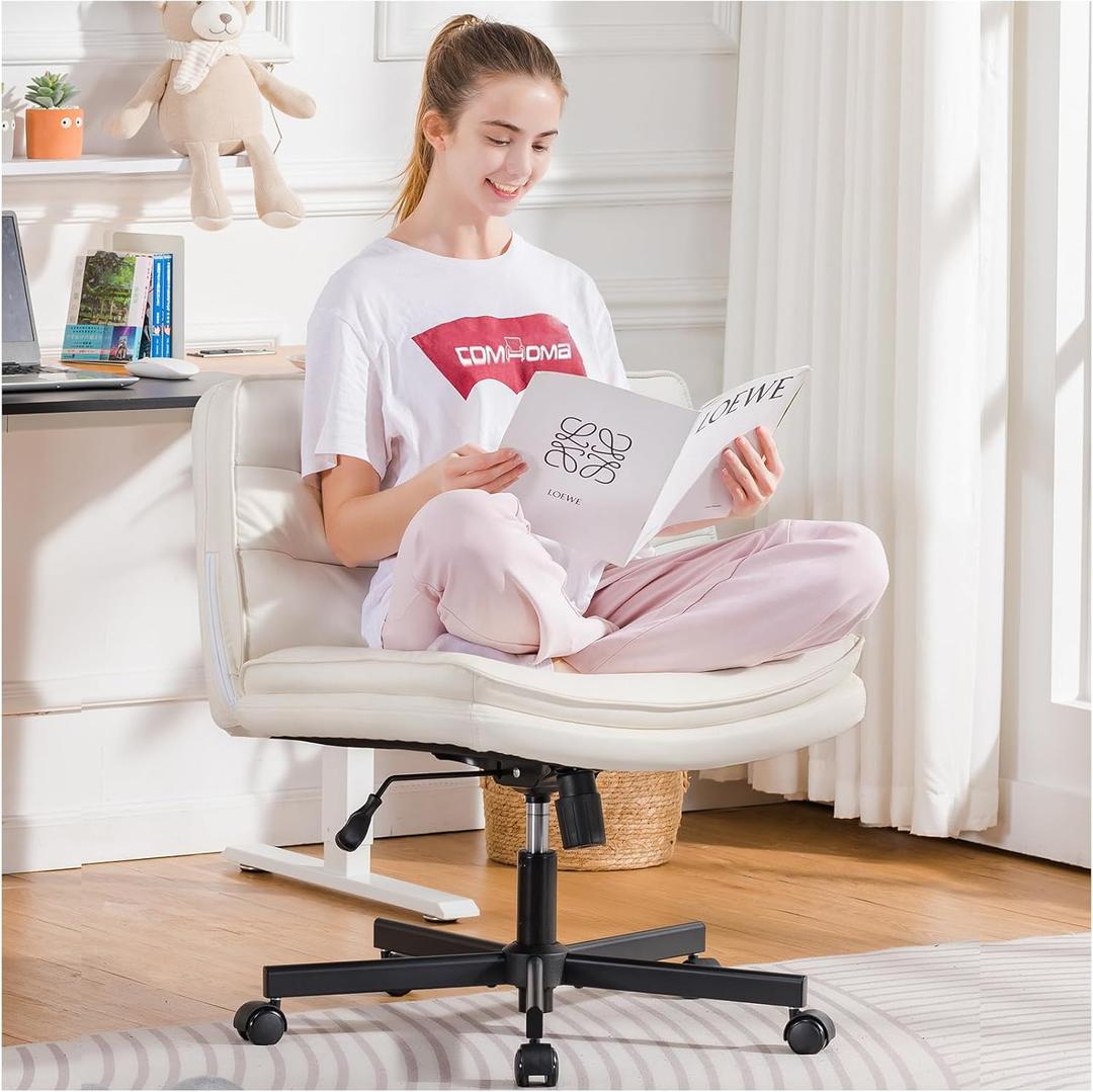 COMHOMA Cross Legged Office Chair with Wheels Armless Office Desk Chair, Modern Vanity Computer Task Chairs for Home Bedroom, Comfortable Wide Seat for Lower Back Pain Relief, PU Leahter, Beige