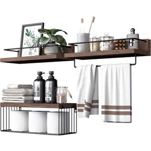 PopiShelves Bathroom Shelves Over Toilet for Wall, Floating Shelves with Storage Basket Paper Holer for Kitchen Living Room, Bedroom & Classroom, Set of 3 (Dark Brown)