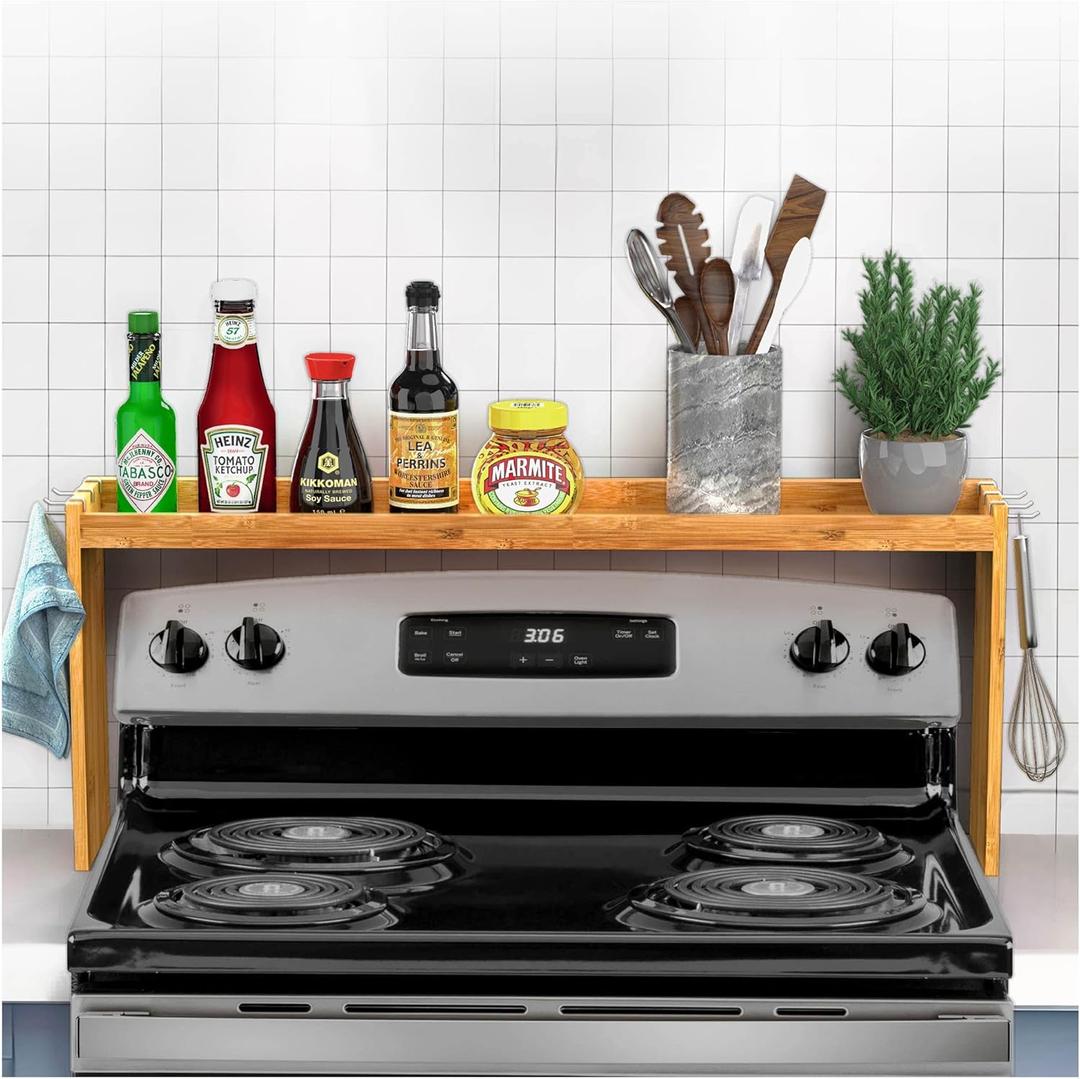 IIIOIIIA Bamboo Over The Stove Spice Shelf for Kitchen Storage, 31.5" Kitchen Spice Rack Organizer Stove Top Shelf with 6 Hooks, 11.4" Height Extra Storage Countertop, Easy to Assemble (30")