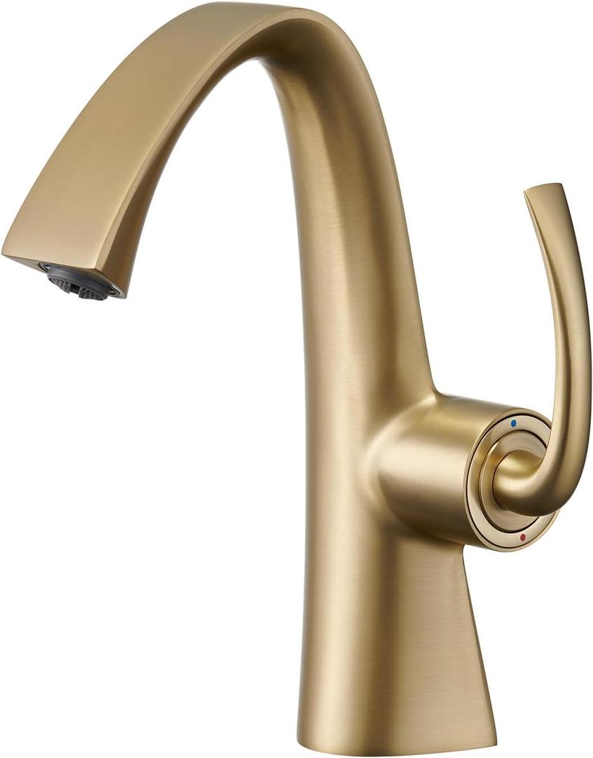Bathroom Faucets Brushed Gold,Single Handle Brass Basin Faucet for Sink 1 Hole or 3 Holes,High Arc Bathroom Sink Faucet with 9.5 Inches Deckplate,Vanity Vessel Sink Faucet Mixer Tap