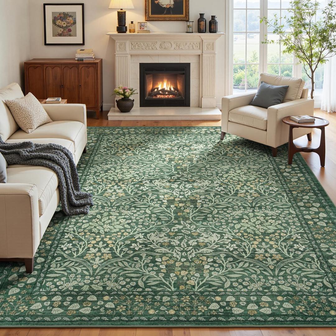 Lofus Green Boho Floral Rug 9x12, Washable Large Living Room Area Rugs