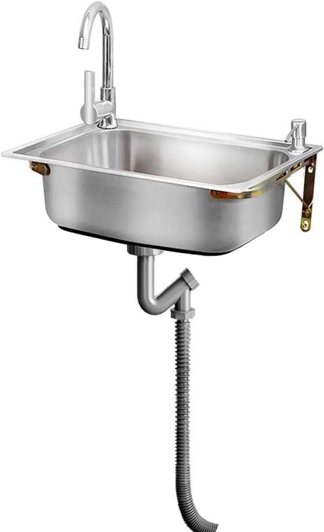Stainless Steel Sink Wall Mount Commercial Hand Washing Station Prep Utility Kitchen & Bar Sinks Basin W/Gooseneck Faucet and Strainer for Home Garage Restaurant Laundry RV Bathroom Store
