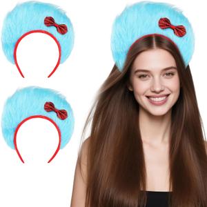 2 Pack Blue Furry Headbands With Red Bow Blue Top Hat Cosplay Costume Accessories Party Photo Props for Halloween Costume Party Supplies