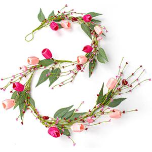 5 FT Artificial Valentine Garland Romantic Valentines Day Garlands Farmhouse Valentines Day Floral Garlands with Tulip Heart Berries for Mantle Table Stairs Indoor Outside Holiday