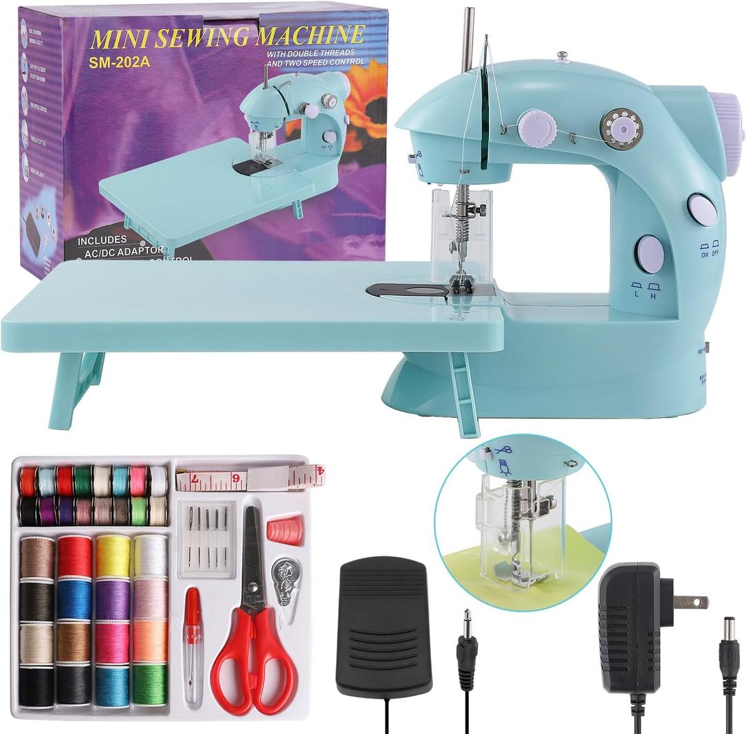 Sewing Machine for Beginners with Expansion Table and Foot Pedal and 42Pcs Sewing kit Finger Guard & Light Mini Small Portable Sewing Machines 2-Thread 2-Speed 2-Switches for Kids Ages 8-12