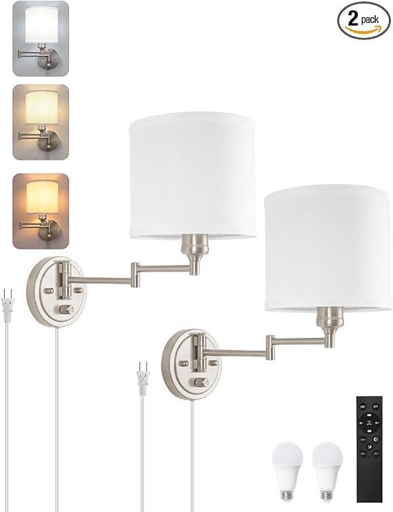 Plug in Wall Sconces with Remote Control, Dimming & Adjustable Colors 2700K-6500K, Hardwire or Plug-in, Swing Arm Wall Lamp with White Fabric Shade, Wall Sconces, Brushed Nickel Finish