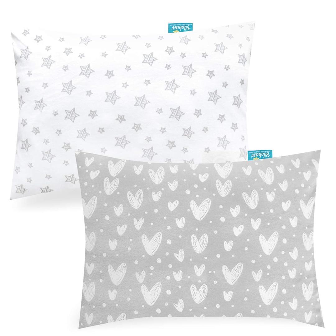 Biloban Organic Cotton Toddler Pillowcase for 13 x 18 or 14 x 19 Inches Pillow, (Pillowcase Only) 2 Pack Kids Pillowcase for Sleeping, Envelope Travel Pillow Case for Girl Boy, Gray Heart & White Star