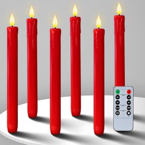 Homemory 6 Pcs Flameless Taper Candles with Remote Timer Dimmer, Red Battery Operated Candlesticks Flickering, Plastic Led Taper Candles Realistic, 9.6 Inches for Party Holiday Celebrations Christmas