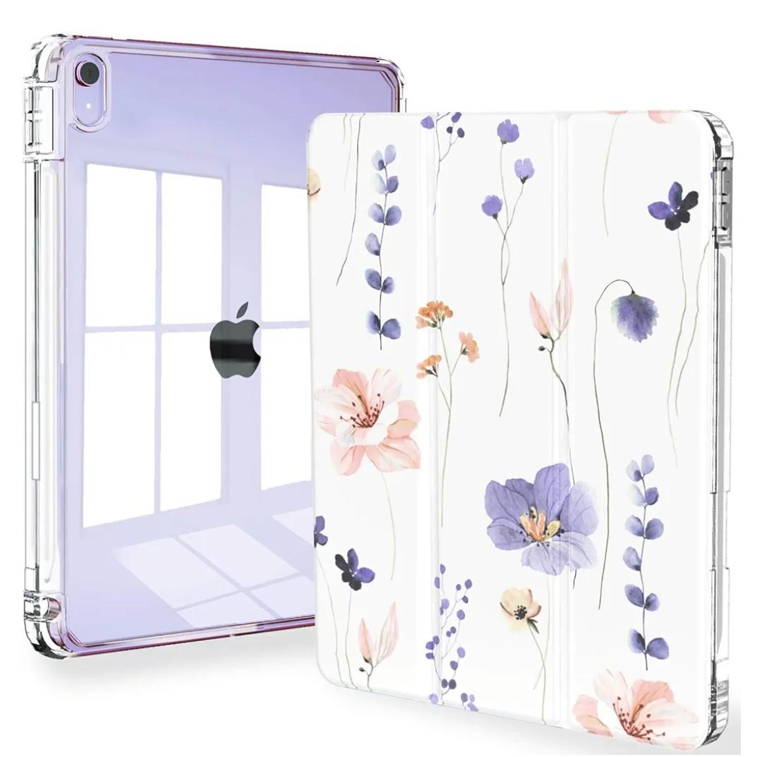 Feams Slim Case for iPad Air 11-inch M3 2025 / M2 2024, iPad Air 5th Generation 2022 / iPad Air 4th Generation 2020 10.9 Inch Case Clear Back with Pencil Holder & Auto Sleep, Purple Flowers