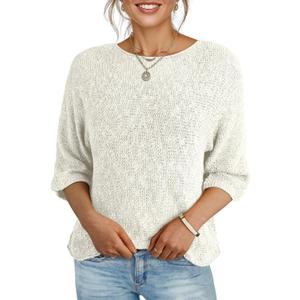 Dokotoo Womens 2025 Fall Casual Crewneck 3/4 Sleeve Striped Lightweight Knit Trendy Boho Tops Pullover Sweaters (Large)