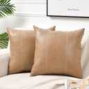 Fancy Homi 2 Packs Tan Decorative Throw Pillow Covers 18x18 Inch for Outdoor Couch Bed, Waterproof Faux Leather Hand Stitched Beige Square Cushion Case 45x45 cm, Modern Farmhouse Boho Home Decor