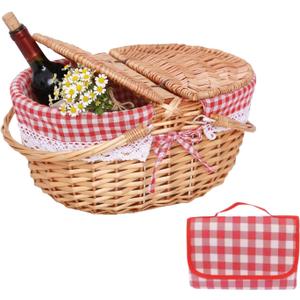 Wicker Picnic Baskets, Country Vintage Picnic Basket with Picnic Cloth Split Lid Picnic Basket, with Folding Handle Picnic Hamper for Picnic Hiking Camping13.78" D x 9.84" W x 6.69" H