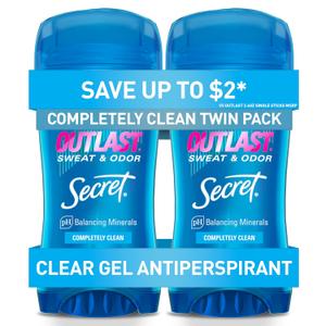 Secret Outlast Antiperspirant Deodorant for Women, 72hr Sweat & Odor Protection, PH Balancing Minerals, Pro-Hyaluronic Acid, Clear Gel, Completely Clean Scent, 2.6 oz (Pack of 2)