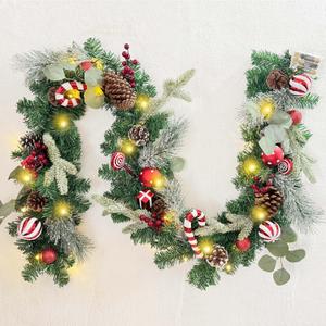 WANNA-CUL Pre-Lit 6 Feet/ 72 Inch Christmas Garland with Lights for Front Door Red White Christmas Mantel Garland Decoration with Ball Ornaments, Candy Canes, Eucalyptus Leaves, Battery Operated 30 LED