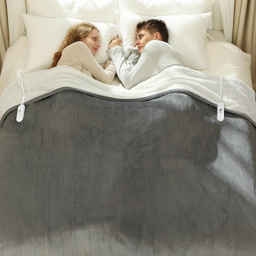 VELLUBAM Electric Blanket Queen 84" x 90" - Flannel Sherpa Heated Blanket with Dual Control, 5 Heating Levels & 10 Hours Auto Off, Washable Heated Blanket with Overheat Protection for Home (Grey)