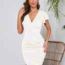 OWIN Women's Sexy V Neck Ruffle Sleeve Faux Wrap Ruched Bodycon Mini Party Cocktail Dress (White, S)