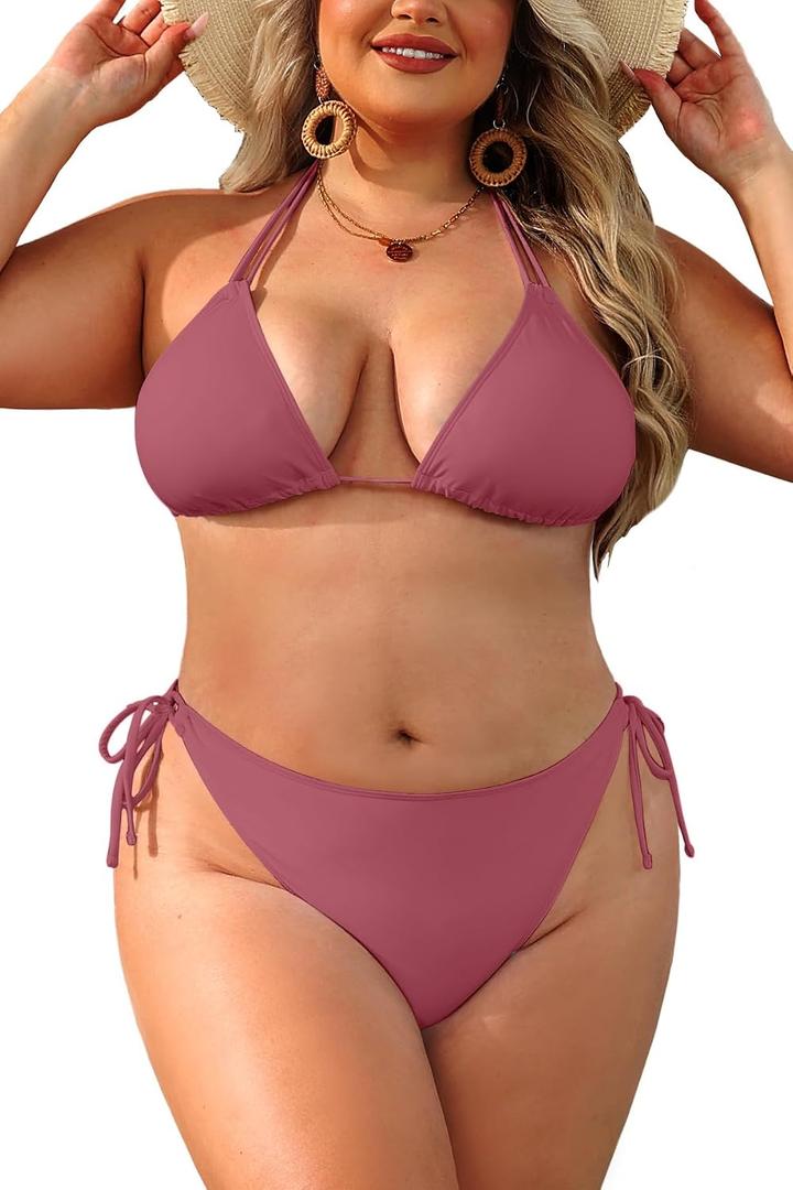 Daci Women Plus Size Triangle Bikini Sets Two Piece Double Straps Halter Swimsuit Side Tie String Sexy Bathing Suits (Pink, M)