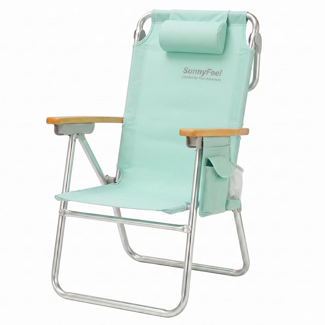 SUNNYFEEL Premium High Back Beach Chair for Adults, Heavy Duty All Aluminum Folding Beach Chair Supports 500 LBS, 5-Position Reclining Tall Beach Chair with Wooden Armrests & Head Pillow, Teal