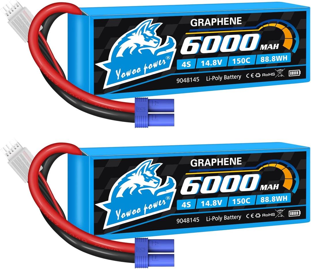 Yowoo 2 Pack 4S Lipo Battery 6000mAh 14.8V 150C Graphene Battery with EC5 Plug Connector Compatible with RC Plane Quadcopter Airplane Helicopter Tracxas X-Mass Car Truck Boat