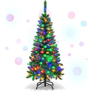 4.5ft Pre-Lit Artificial Pencil Christmas Tree, 150 Multi-Colored LED Lights, 226 PVC Branch Tips, Quick Setup, Hinged Xmas Tree for Home Office Carnival Festival Decoration, (CM22073)