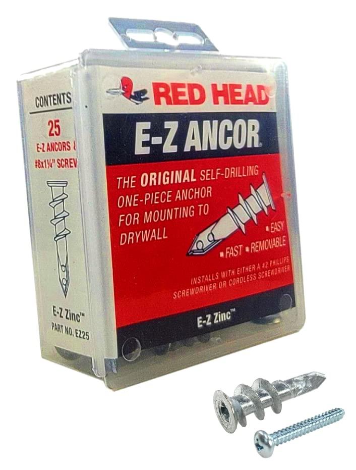 25 Qty Red Head EZ Ancor Zinc Metal Self Drilling Drywall Anchors with Screws | Up to 75 Lbs | EZ25
