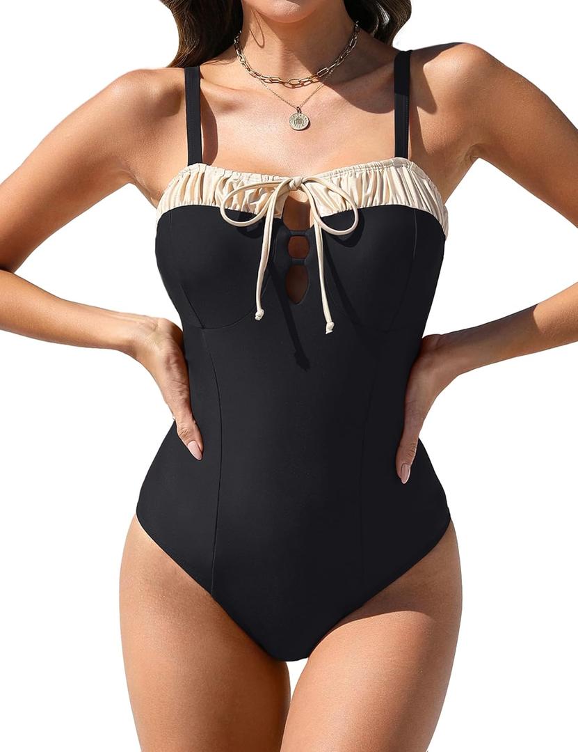 BMJL Womens One Piece Swimsuits Retro Black Tummy Control Bathing Suits Elegent Tie Front Swimwear (Red, M)
