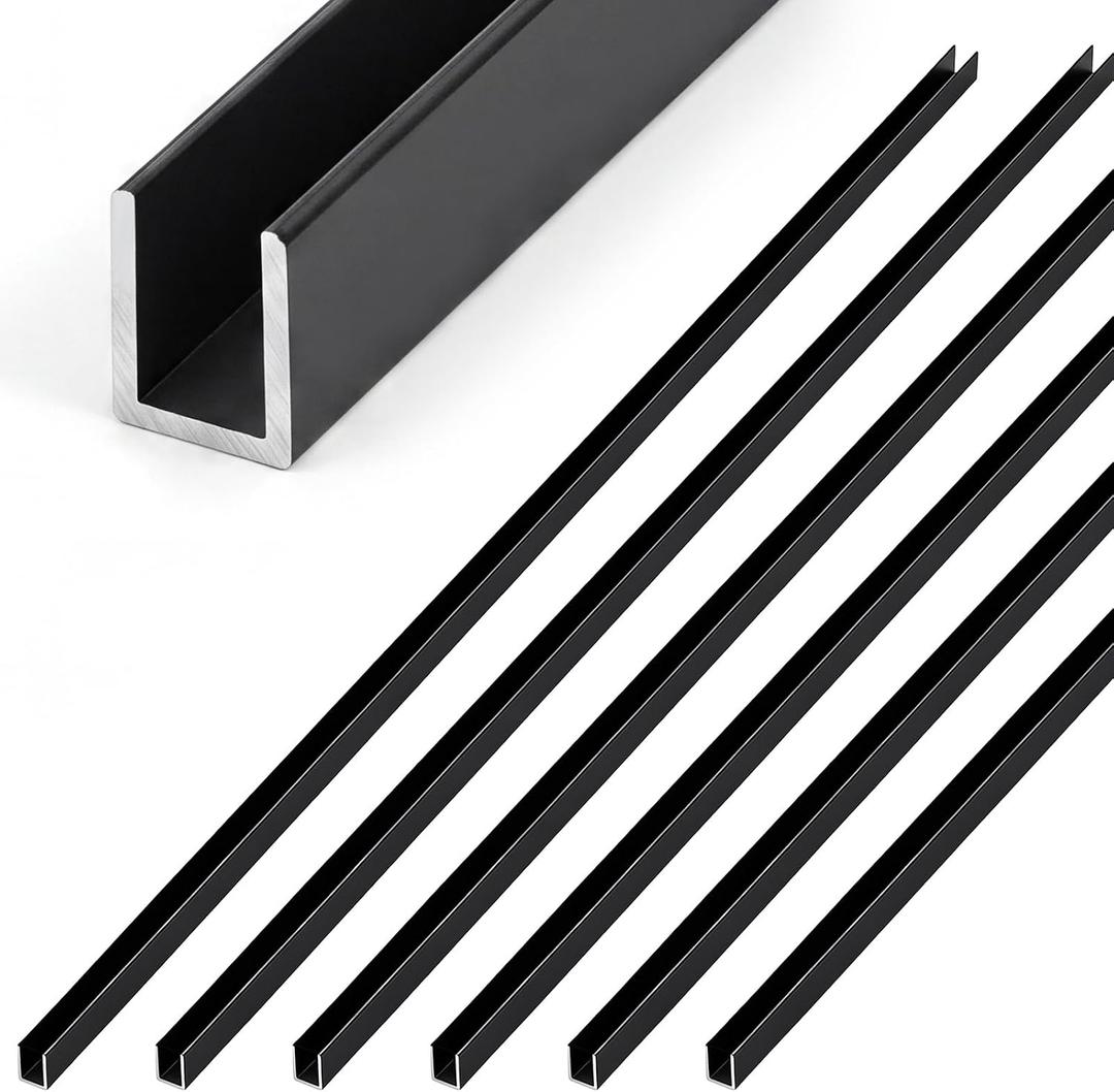 Shimeyao 6 Pack 36" Length Fixed Panel Frameless Shower Door Deep U Channel for 3/8 Inch Thick Glass, Matte Black Aluminum U Channel for Wall Floor or Ceiling Installation