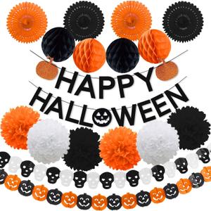 Halloween Party Decorations,Black Glittery Happy Halloween Orange Pumpkin Banner All-in-One Pack for Halloween Theme Party Supplies Decorations Kit for Kids