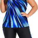Hanna Nikole Women's Plus Size Tummy Control Tankini Swimsuits Color Block Bathing Suits with Shorts Knee Length (Blue Diagonal Stripes)