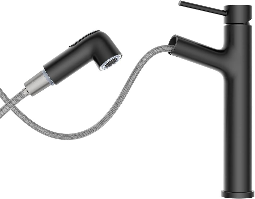 Vessel Sink Faucet Black with Pull Out Sprayer, Hurran Tall Bathroom Faucets with Pop Up Drain, Stainless Steel Single Handle Faucets with 2 Spout Patterns