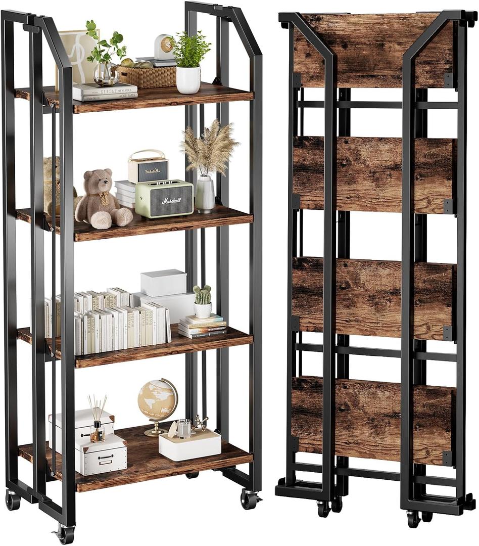 No Assembly Double-Sided Folding Bookshelf for Living Room, 4 Tier Collapsible Book Shelf for Home Office, Portable Bookcase Storage Organizer