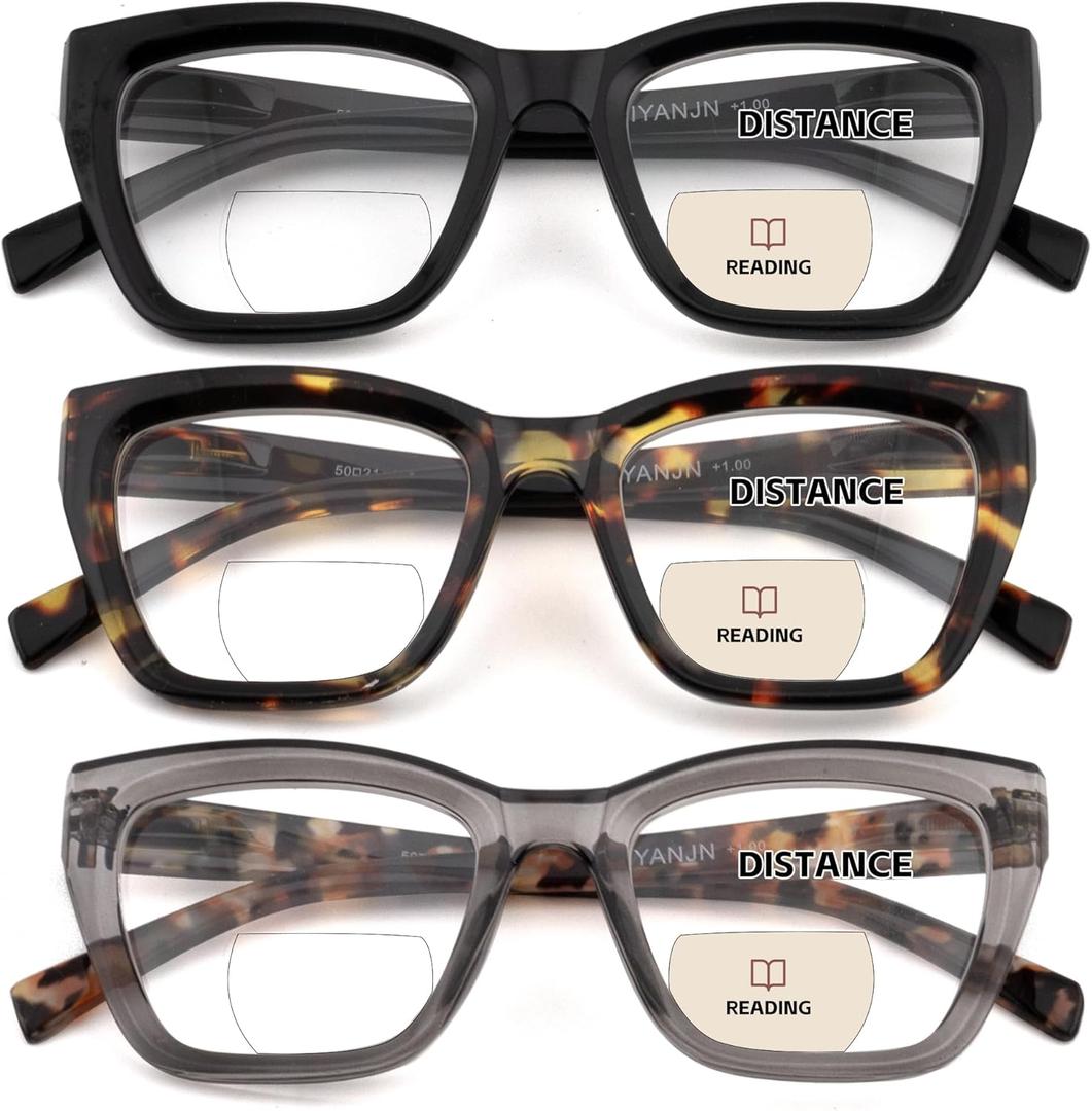 HIYANJN Bifocal Reading Glasses For Women Men 3 Pack Fashion Cat Eye Computer Readers Clear Top Oversized Eyeglasses