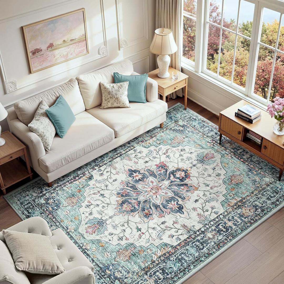 Area Rugs 6'x9' Washable Non-Slip, Floral Vintage Distress Print Pattern Medallion Carpet for Living Room Bedroom Dining Room, Green Navy Blue White Red Teal Colorful