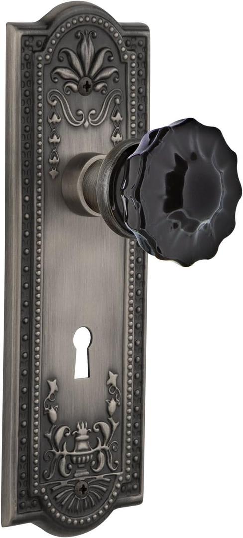 Nostalgic Warehouse 726998 Meadows Plate Crystal Black Glass Door Knob in Antique Pewter, Single Dummy with Keyhole