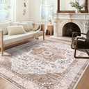 Ileading Bohemian Vintage Area Rug 5x7ft,Machine Washable Low-Pile Living Room Accent Carpet Non-Shedding rugs for Bedroom Non-Slip Floor Throw Rugs for Kitchen,Dining Room,Kids Playroom(Beige&Orange)