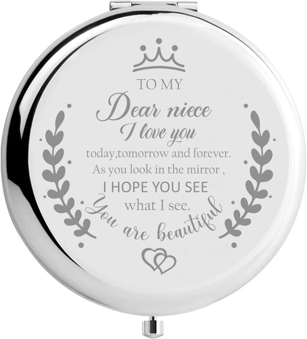 Soulpetals Niece Gifts Compact Mirror for Niece from Aunt to My Niece Makeup Mirror Birthday Gifts for Niece from Auntie Uncle Gifts for Niece Birthday Christmas (Silver)