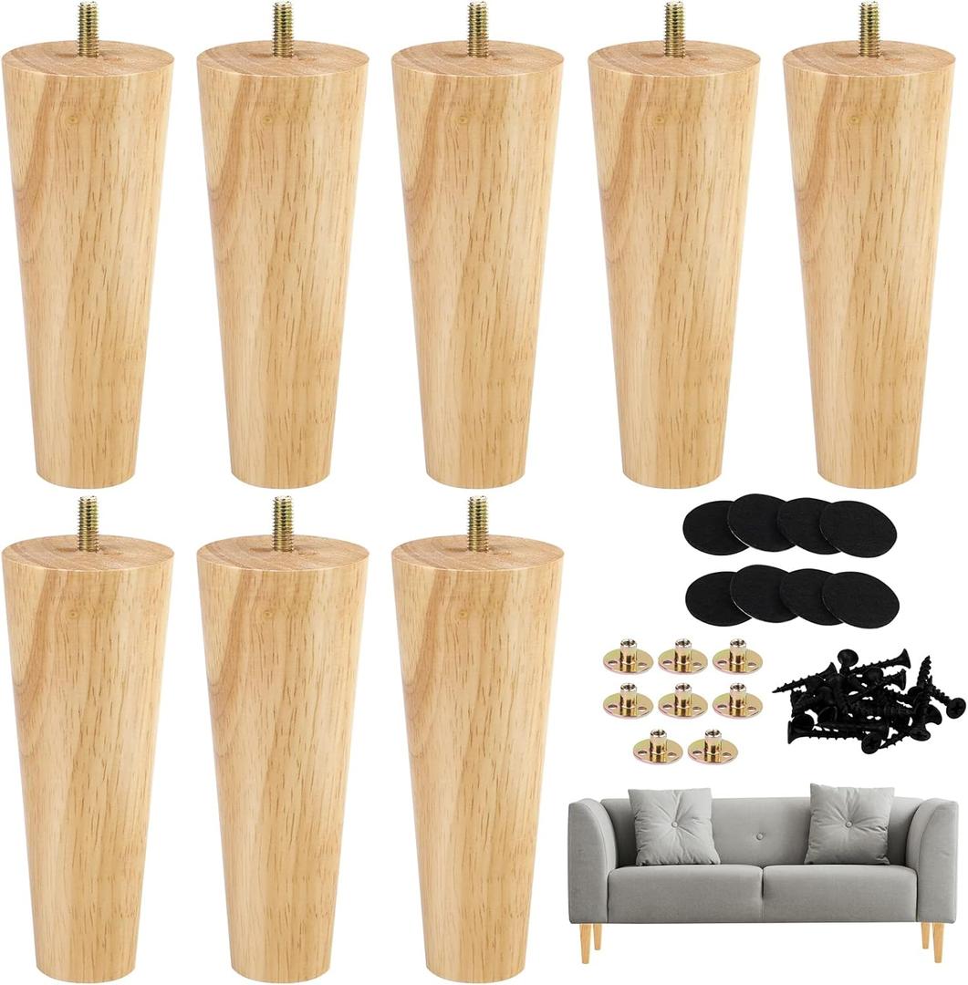Ruisita 8 Pieces Furniture Couch Legs 6 Inch Round Solid Wood Sofa Legs with M8 T-Nuts Natural Wooden Couch Legs Replacement Leg for Armchair Cabinet Chair Mid Century Modern Dresser, Natural Wood