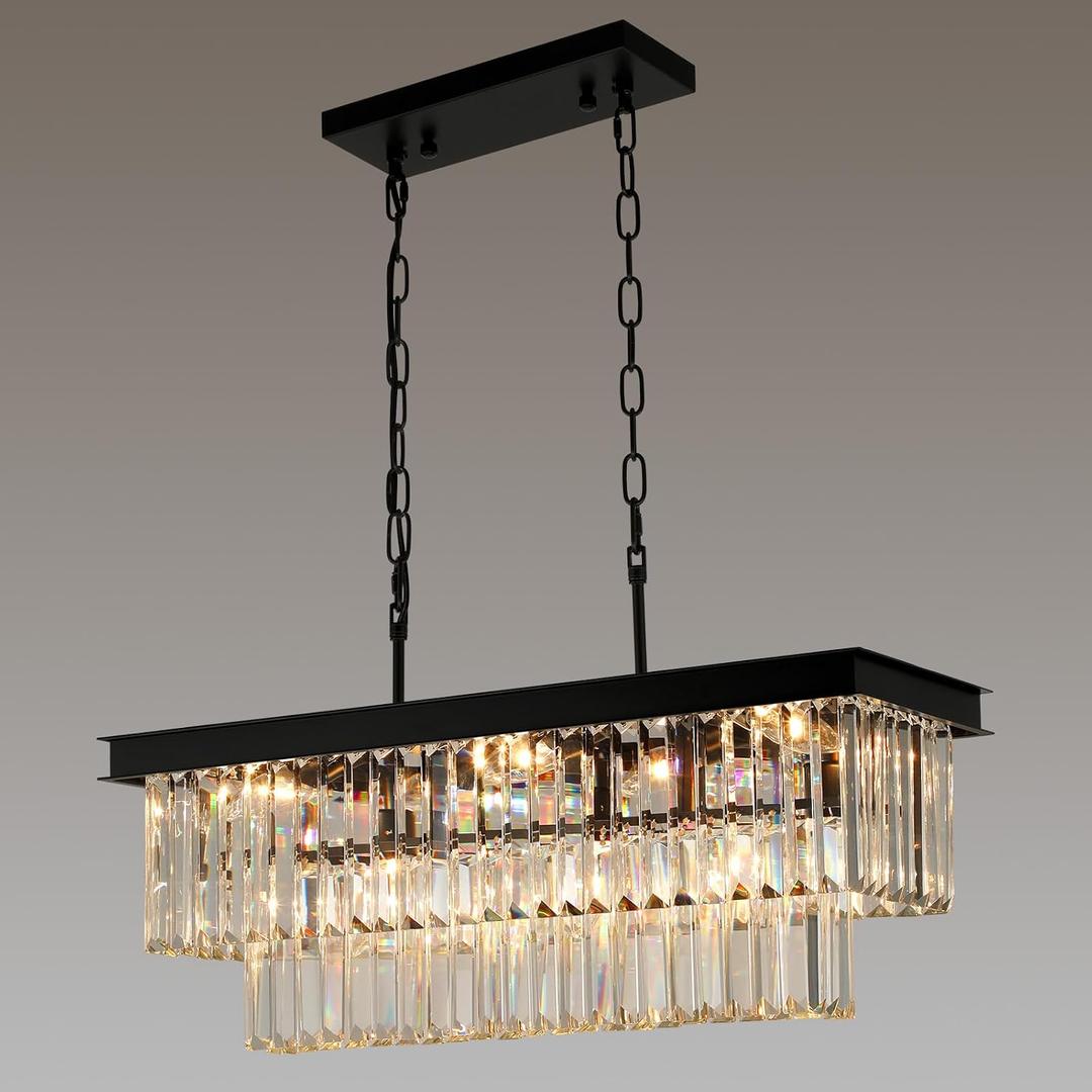 Weesalife Black Crystal Chandeliers for Dining Room Light Fixtures Over Table9-Lights Modern Rectangle Chandeliers for Kitchen Island Bar L28 Inch