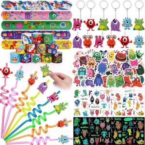 98Pcs Monster Party Favors Birthday Supplies for Kids, Drinking Straw Keychain Slap Bracelet Glow Tattoo Sticker Cartoon Sticker, Goodie Bag Stuffer Filler Girls Boys Monster Party Supplies Decor