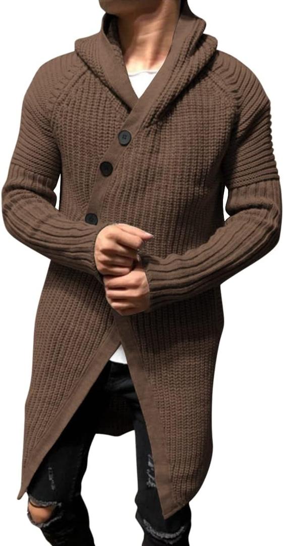 Esobo Mens Long Hooded Cardigan Button Up Knit Sweater Long Sleeve Cardigan Sweaters with Pockets (Medium, Brown)