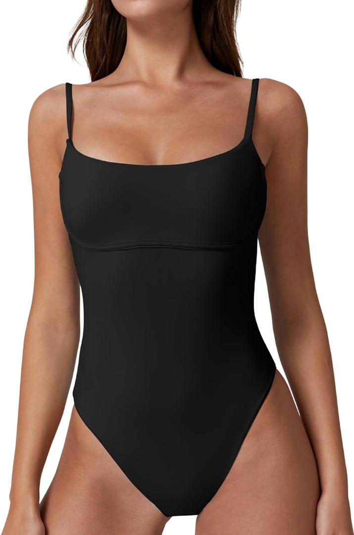 QINSEN Womens Seamed Cup Spaghetti Straps One Piece Bathing Suits Tummy Control Cheeky Swimsuit (Small, Black)