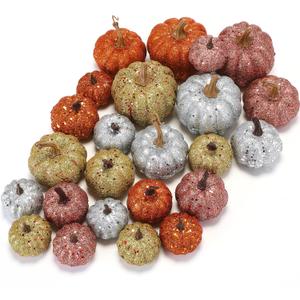 24 Pcs Thanksgiving Glitter Mini Pumpkin Decor Orange, Silver, Gold Small Artificial Foam Pumpkins Fall Tree Hanging Ornament Tiered Tray Decor for Autumn Thanksgiving Party Indoor Home