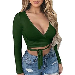 Artfish Women Sexy Deep V Neck Crop Top Bandage Wrap Tie Tight Cropped Fitted Cleavage Shirts XL