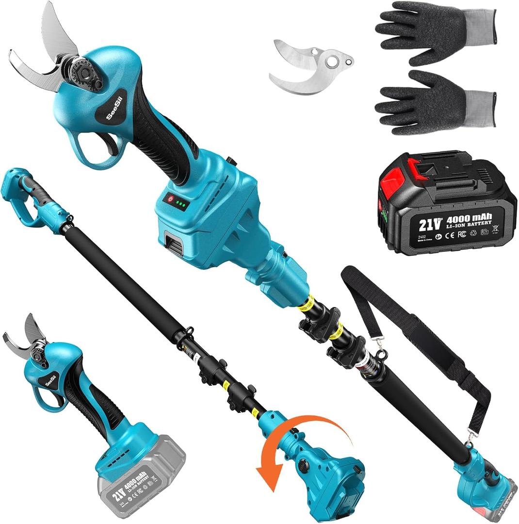 Seesii 2-in-1 Electric Pruning Shears with Pole, 15Ft Reach, 1.2" Cutting Diameter, 21V 4000mAh Battery, Cordless Pruner with Brushless Motor for Orchard, Flower, Branch, Tree Trimming