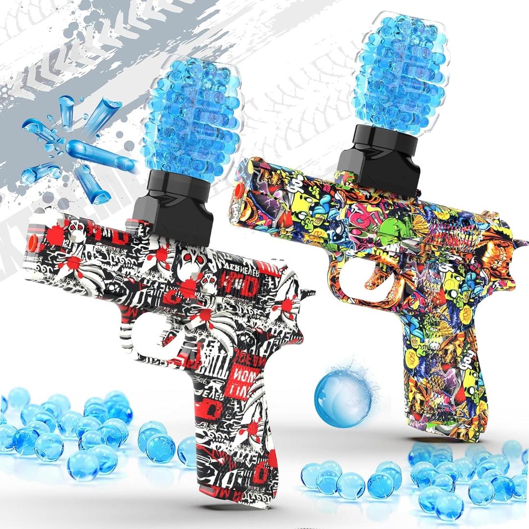 QOGELY 2 Pack Gel Ball Blaster Guns, Small Manual Splat Orby Gun, Gel Splatter Blaster for Adults, Outdoor Activities Shooting Games for Backyard, Garden& Lawn, Ages 14 & Up (Red + Yellow)