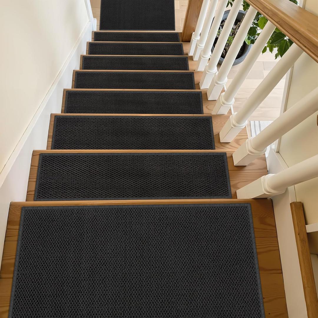 Stair Treads for Wooden Steps Indoor - 15 Pack 8" x 30" Non-Slip Carpet Stair Runners Washable Reusable Adhesive Indoor Stairs Tread Rug Stain Resistant Edging Staircase Mat for Kids and Pets Black