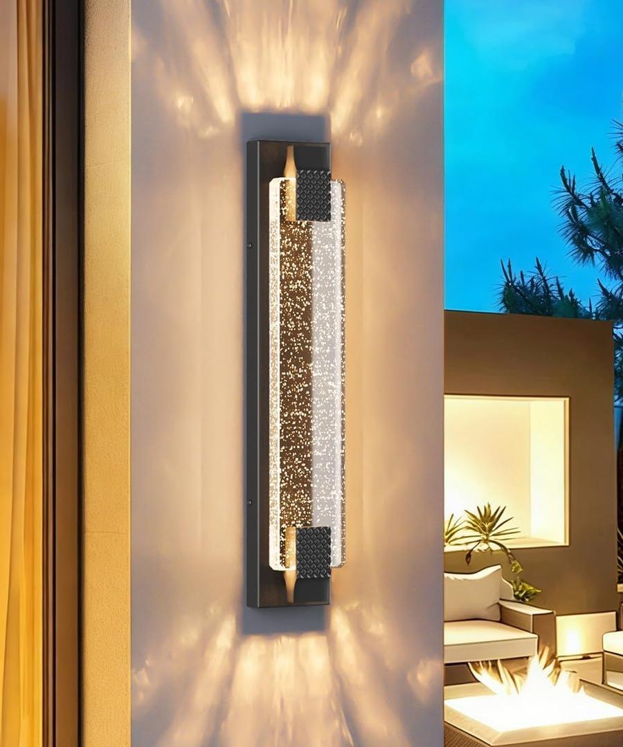 Tipace 23.6in Black Outdoor Wall Sconces Modern LED Crystal Exterior Lights, Long Linear Porch Lights Outside Lighting for Entrance, Hallway, Garage,Patio,Doorway