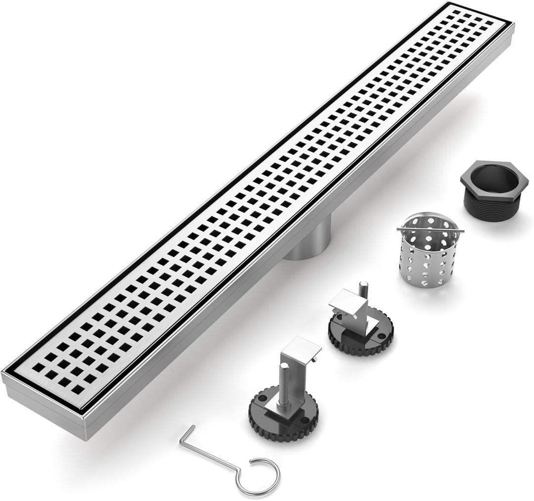 24-Inch Brushed Nickel Linear Shower Drain, 304 Stainless Steel Long Linear Drain with Quadrato Pattern Grate, Rectangle Shower Floor Drain with Adjustable Feet, Hair Strainer, Fits Bathroom, Balcony