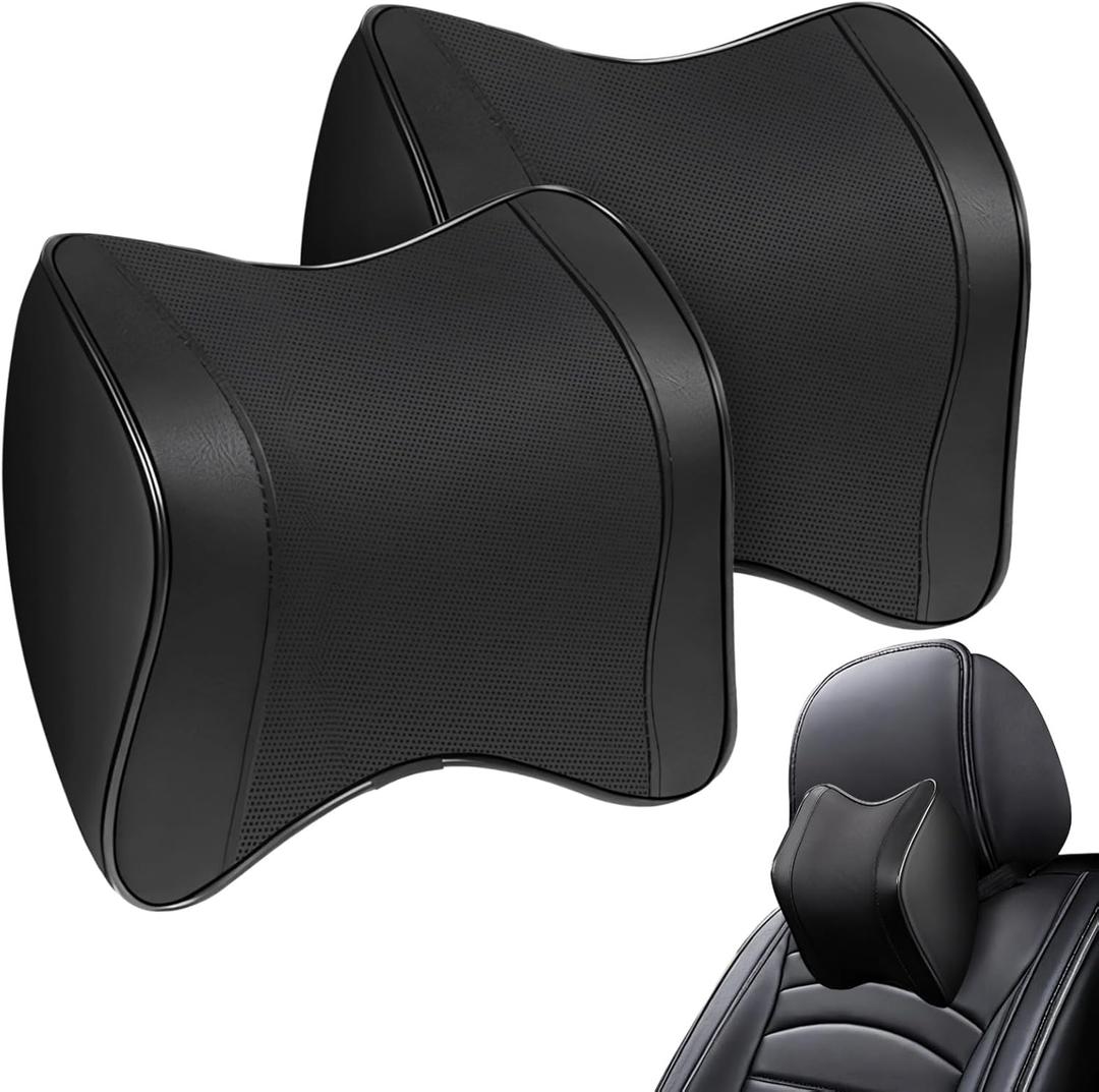 OMISTAR 2 Pcs Car Neck Pillow, Faux Leather Car Headrest Pillow, Memory Foam Neck Pillow for Car, Breathable Design, Adjustable Strap, Universal Fit, 8.7 x 8.5 x 3.5 in